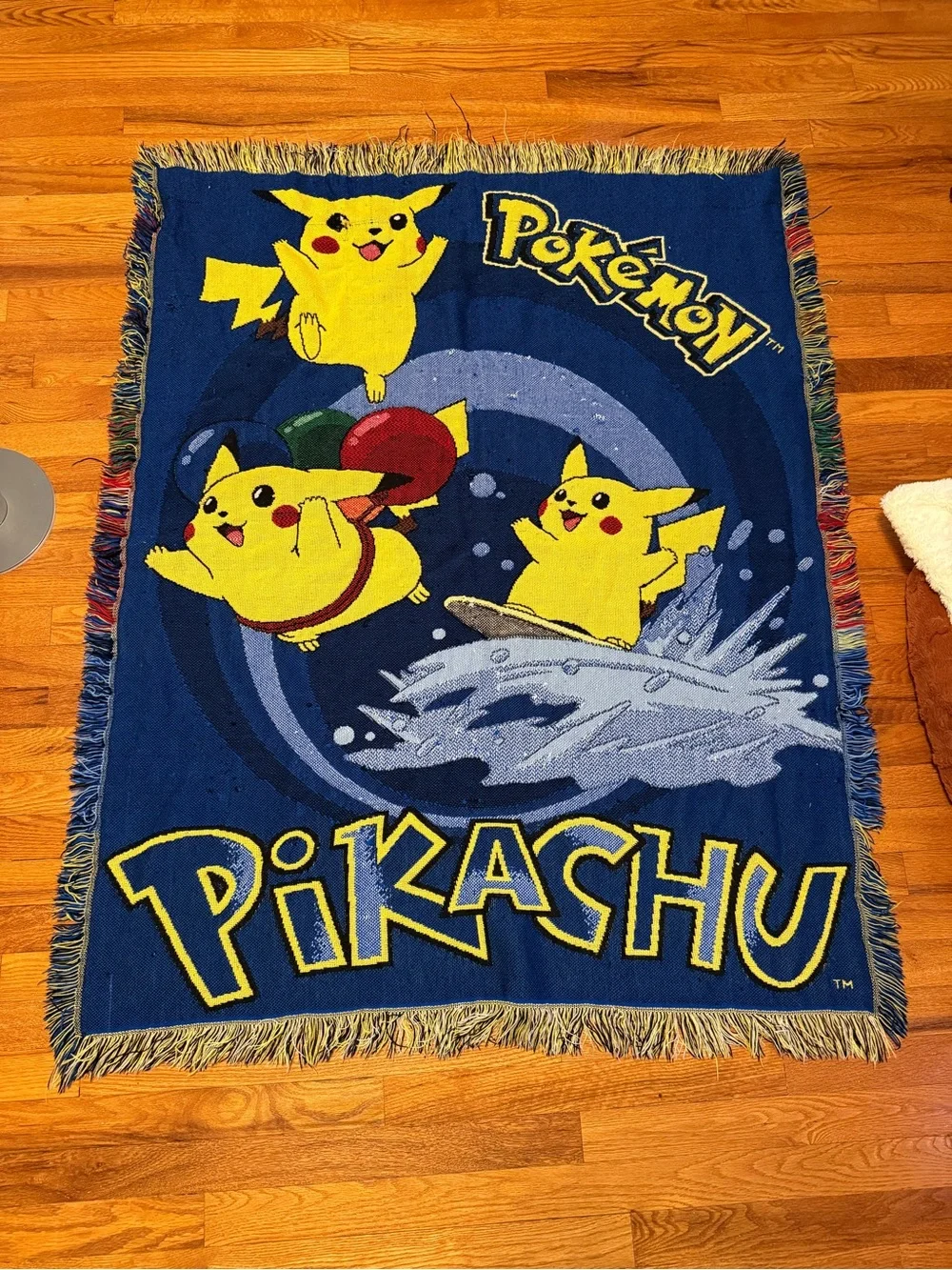 Vintage 90s Pokemon Surfing Pikachu Throw Blanket, Collectible Cards Anime 40x52